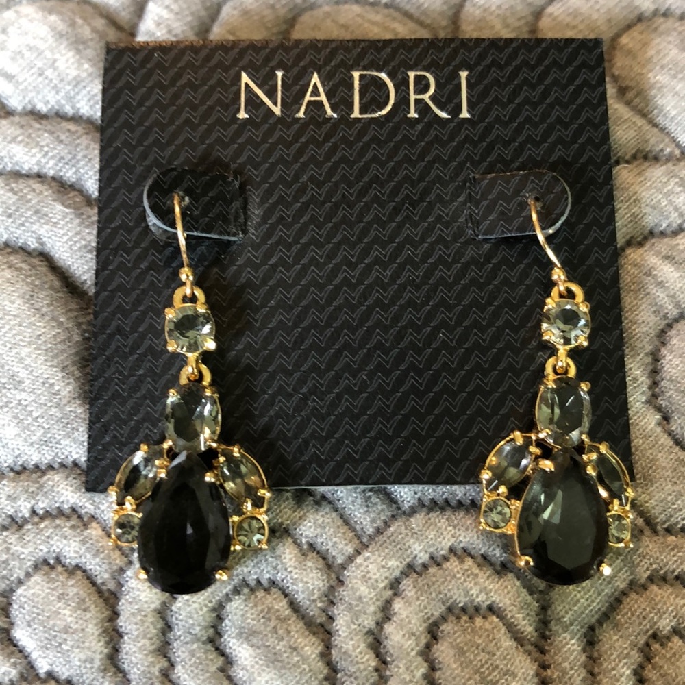 NADRI Black & Gray CRYSTAL in Gold DANGLE Luxury Dangle Earrings $120 NEW
